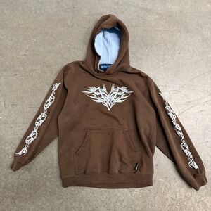 Silver Point Brown Tribal Graphic Hoodie Mens Fits‎ lik a Small Y2K Embroidered